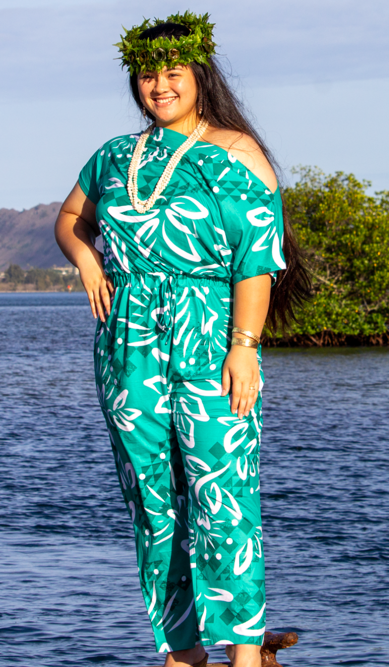 LEHUA WAHINE JUMPSUIT: TEAL/WHITE