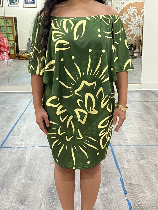 LEHUA WAHINE OFF SHOULDER DRESS: OLIVE/CREAM