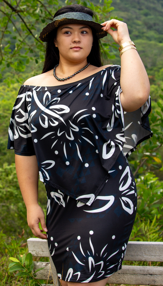 LEHUA WAHINE OFF SHOULDER DRESS: BLACK/WHITE