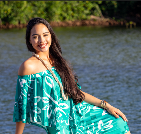 LEHUA WAHINE OFF SHOULDER DRESS: TEAL/WHITE